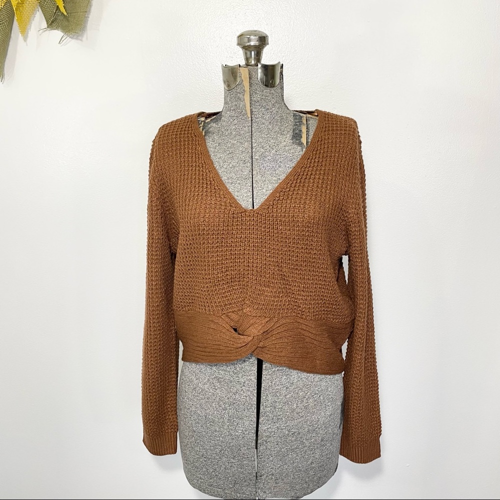 XL loose fit brown crop top knit B v-neck Long sleeve sweater